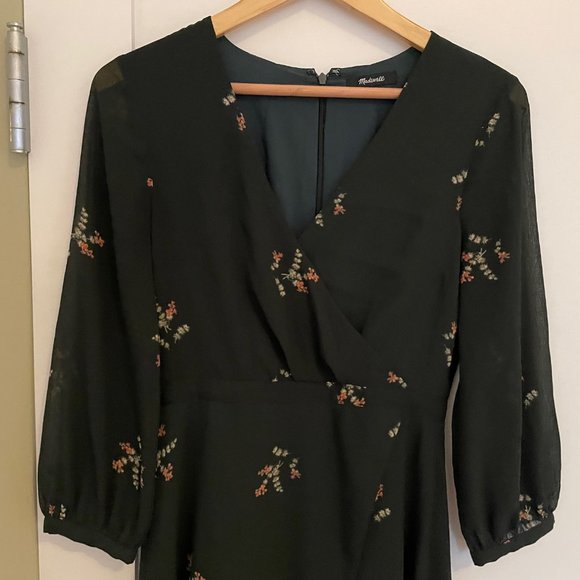 Madewell Night Flower Wrap-Effect Chiffon Dress, Dark Green, Size O - Picture 4 of 7